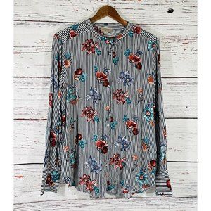Loft Outlet Floral Blouse Button Down Shirt Size XL Blue Stripes Band Collar